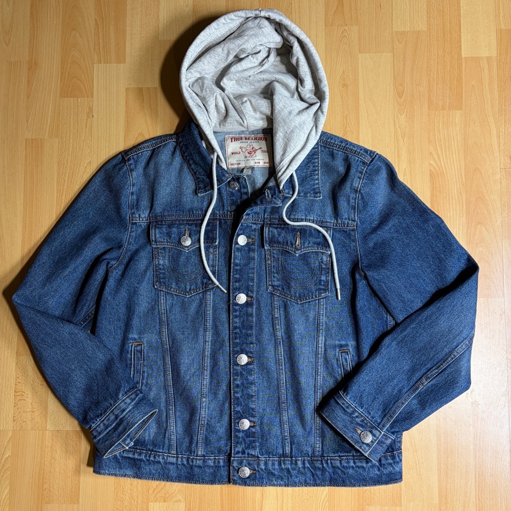 True Religion Men’s Blue Denim‎ Trucker Hoodie Jacket Large